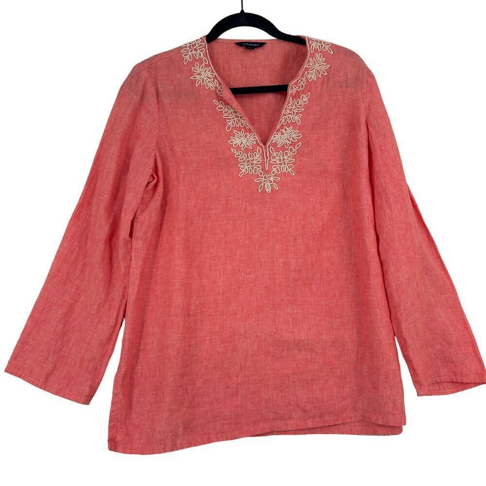 Lands' End 100%‎ Linen Blouse Top Size M Coral Long Sleeve Popover Beaded Floral